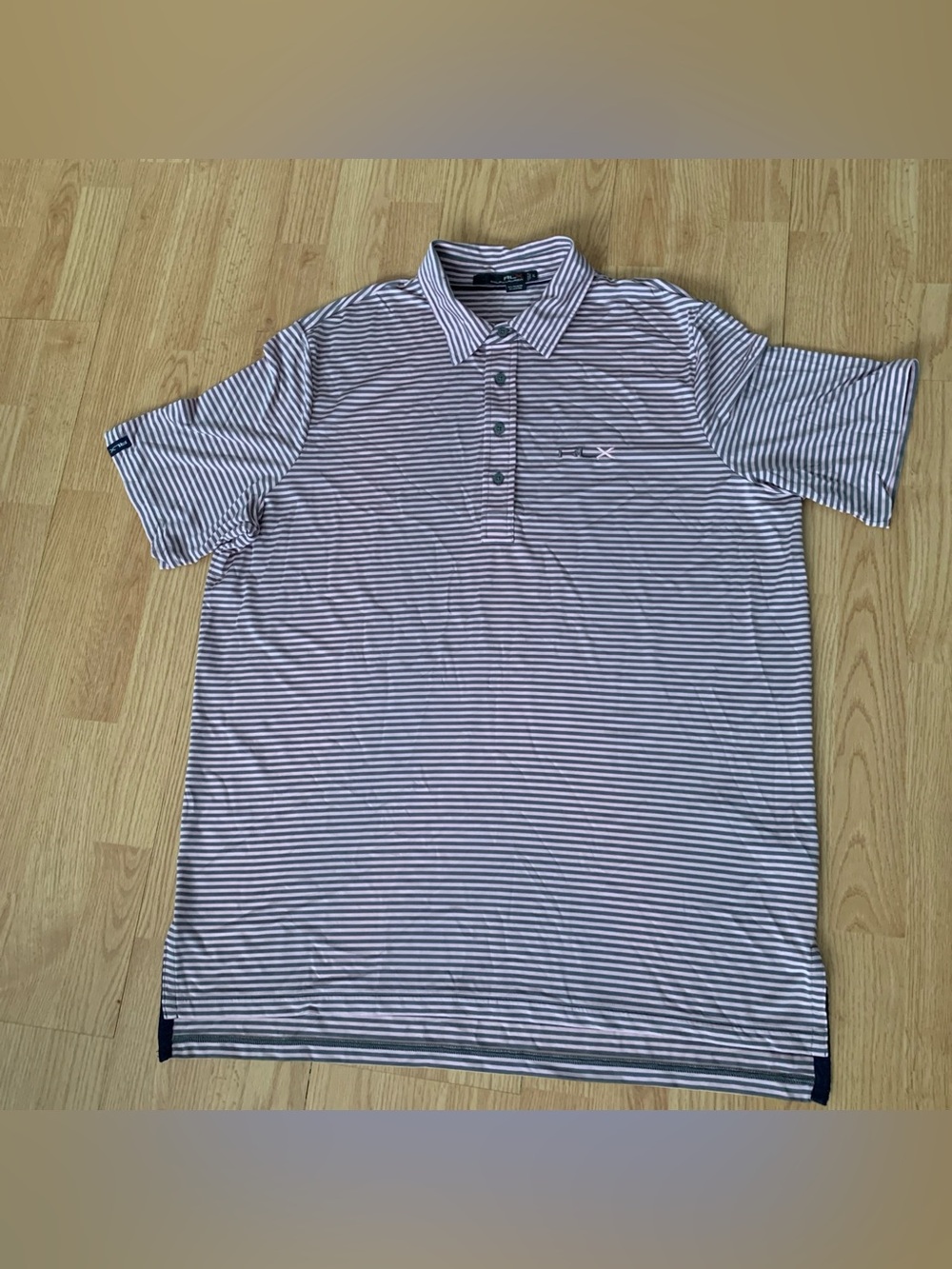 RLX Ralph Lauren Mens Striped Polo Shirt Pink/Brown XL Stretch Short Sleeve Golf